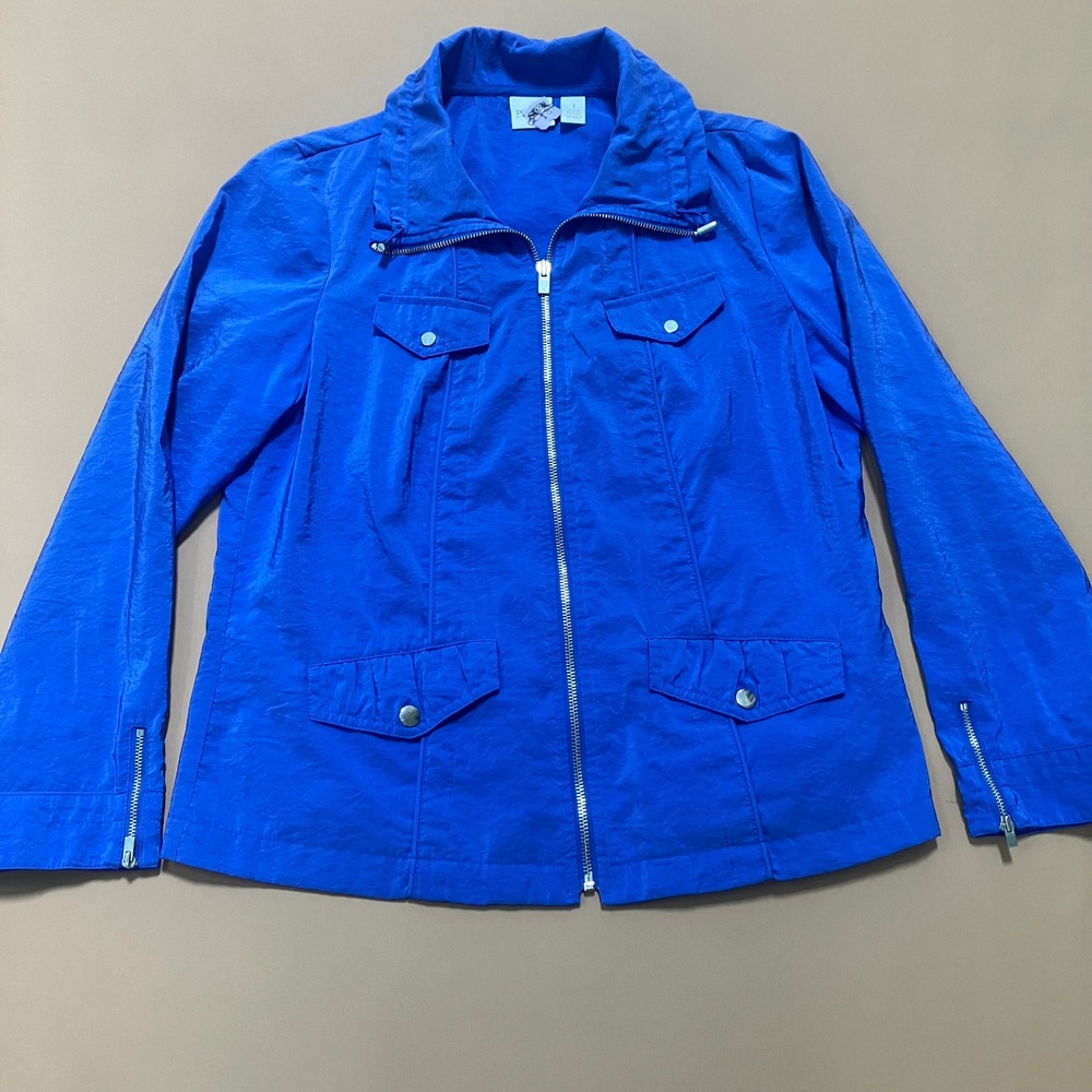 Zenergy by Chico's Blue Full Zip Jacket Pockets Size 1 Medium Silver Casual